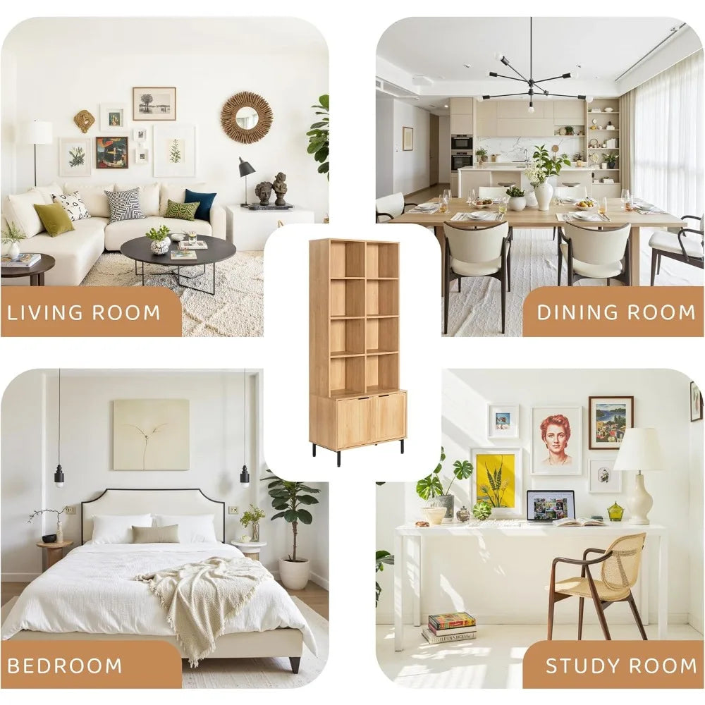 71 Inch Tall Wooden Bookcase with Doors and Adjustable Shelves, 4-Tier Farmhouse Style Cabinet for Living Room, Office, Kitchen