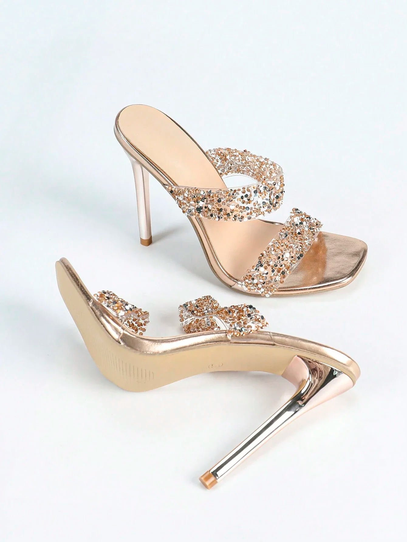 Women Champagne Metallic Stiletto Heel Jelly Sandals With Rhinestones Double Strap Slip-On Square Toe