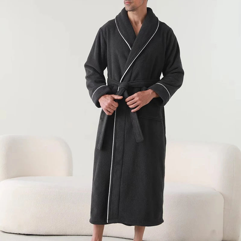 Luxurious Men s Plush Shawl Collar Bathrobe with Cozy Long Sleeves and Belt - Stay Warm and Stylish in this Soft Spa Robe