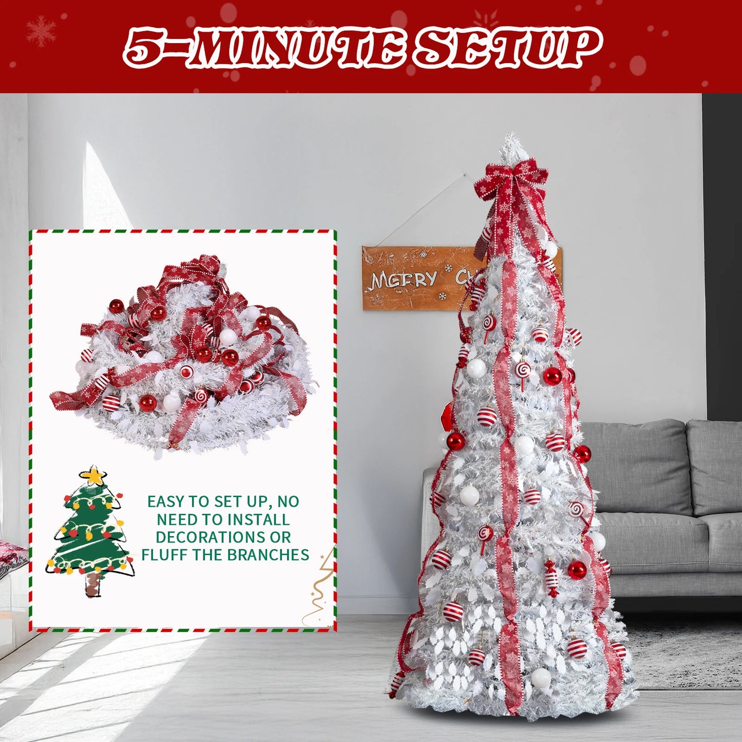 7 FT Fully Decorated Pre-lit Christmas Tree, Pop Up Artificial Xmas Tree with 170 Warm Lights and Red Ornaments for Home Office Store Holiday Deco, White