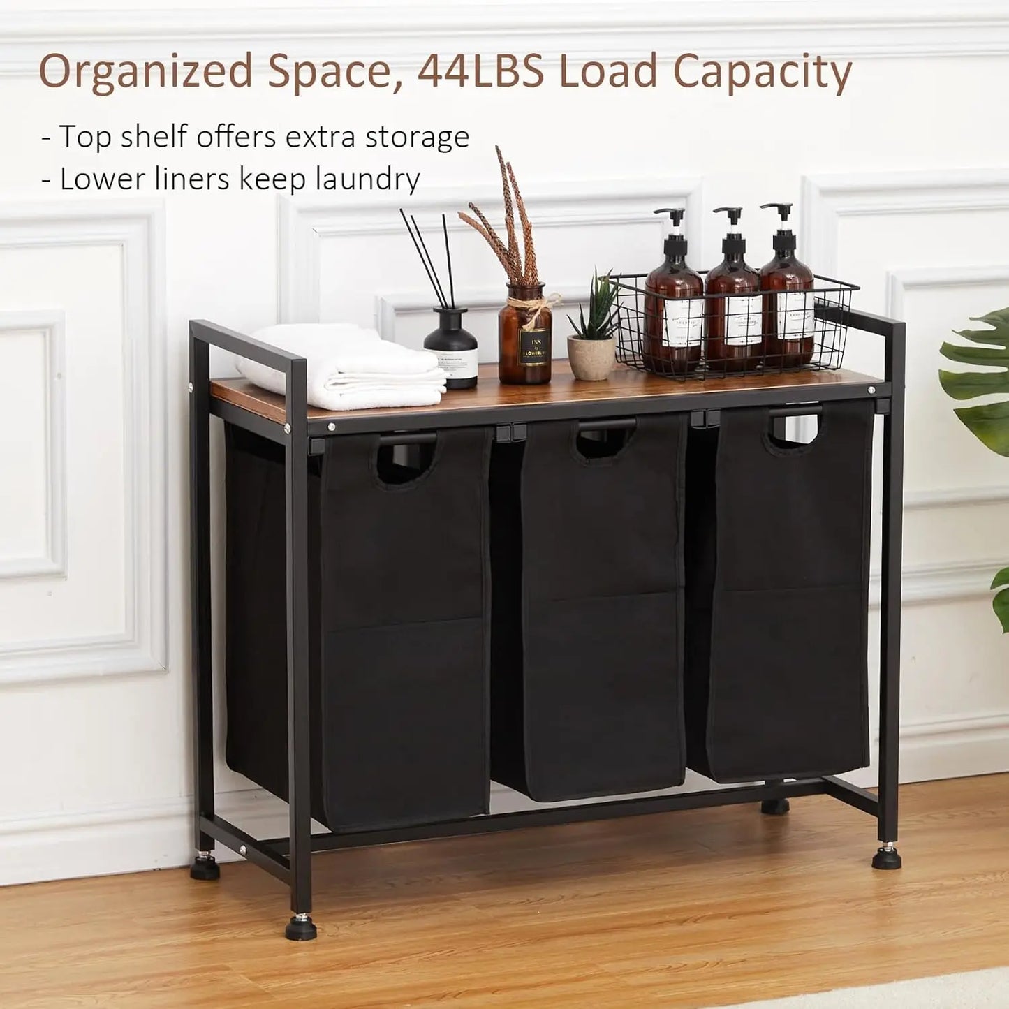 2 Section Laundry Hamper Organizer with Removable Bags and Storage Shelf