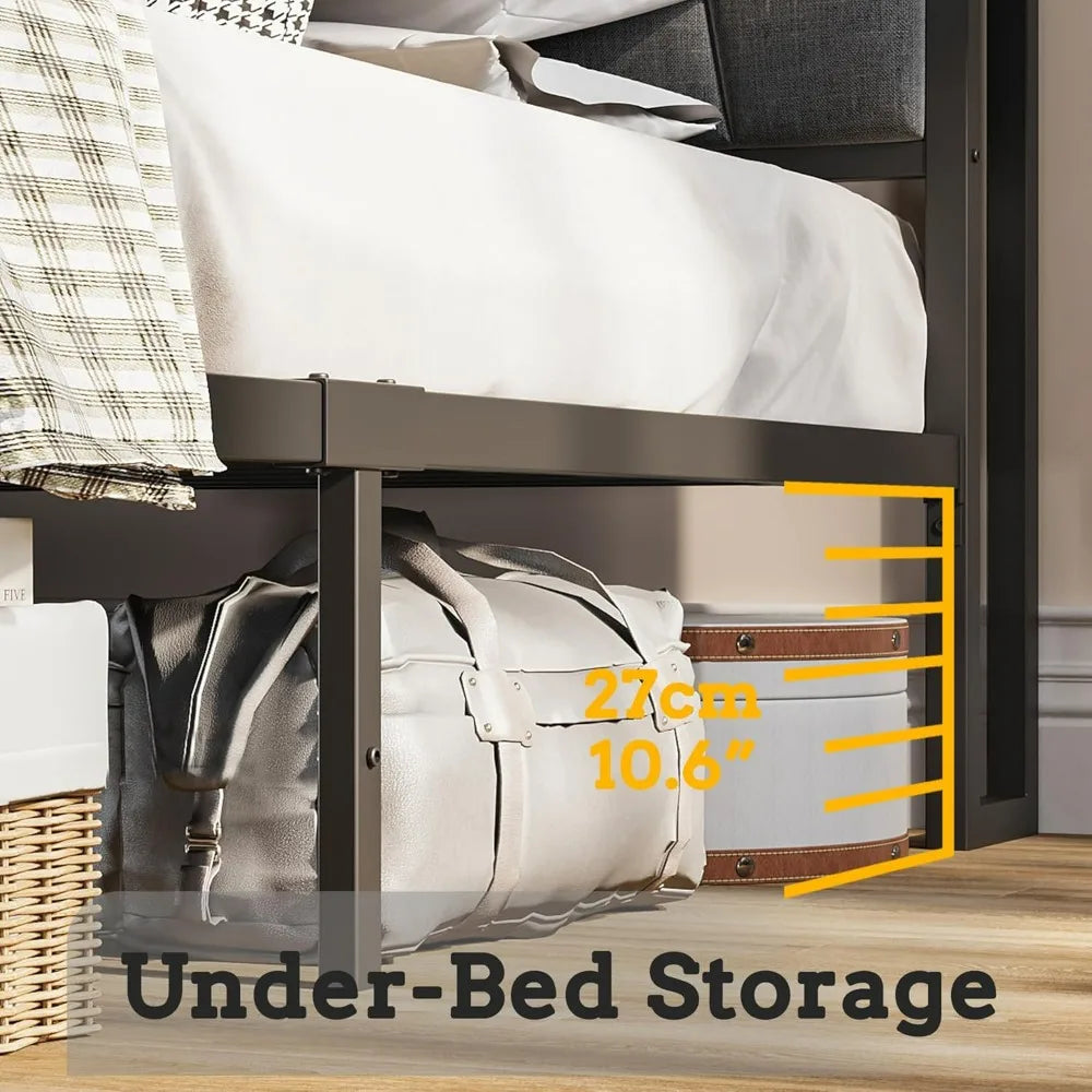 "king-size bed frame with storage headboard, charging station, and underbed drawers - no box spring required, easy assembly"