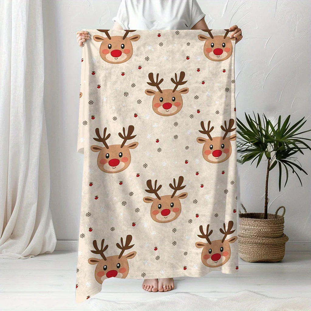 Cozy Christmas Reindeer Print Flannel Throw Blanket – Soft Warm Holiday Blanket for Sofa, Bed & Winter Décor