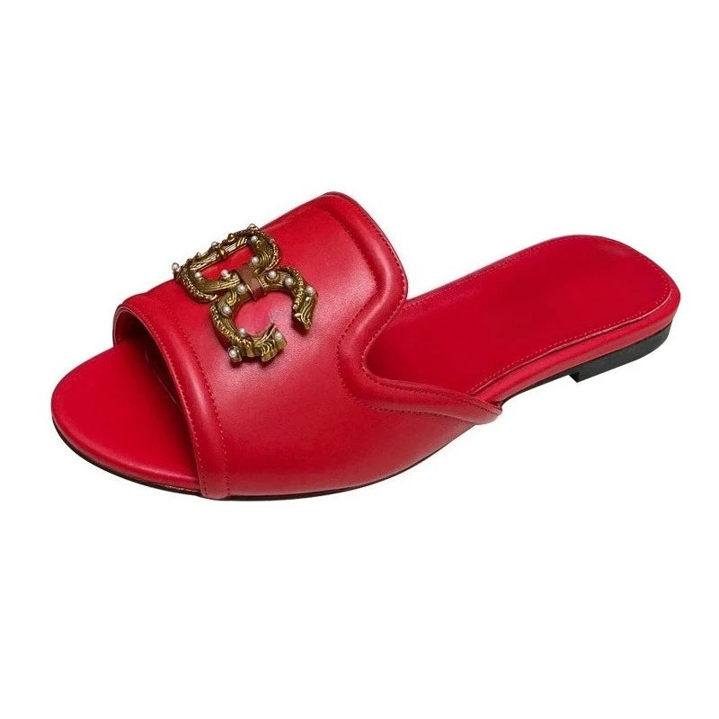 Women’s Genuine Leather Metal Accent Slide Sandals .Luxury European Style Slip-On Flats  Description: