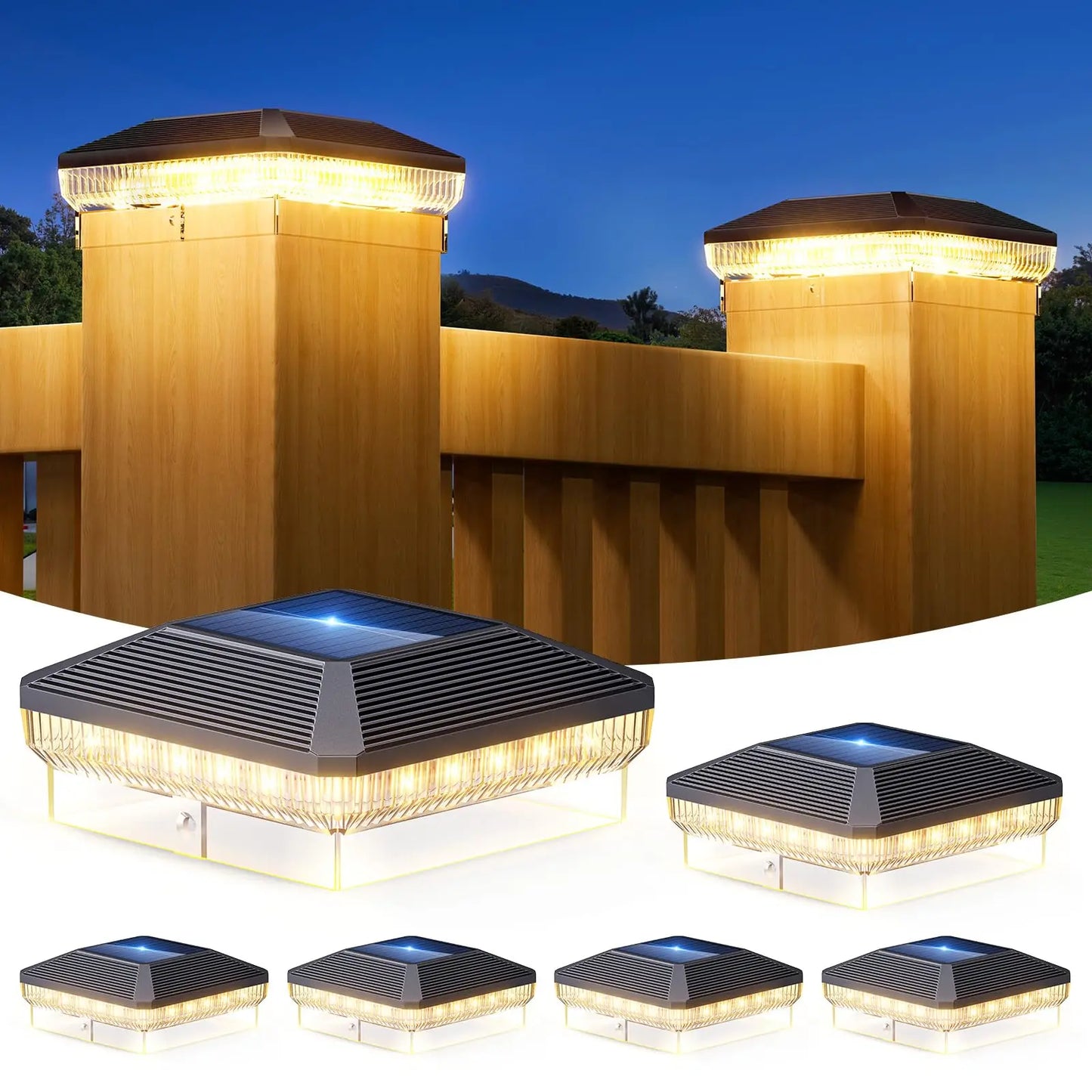 6/12 Pack Solar Fence Post Cap Lights | Waterproof LED Outdoor Deck, Patio & Garden Post Lights with 3 Lighting Modes