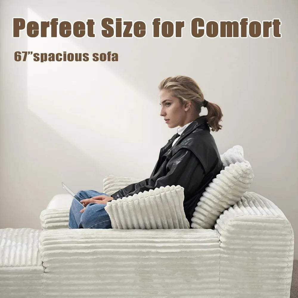 Boneless Couch Deep Seat with 3 Pillows,67" Oversized Chaise Lounge Recliner Chair,Cloud Plush Corduroy Comfy Memory Foam Cream