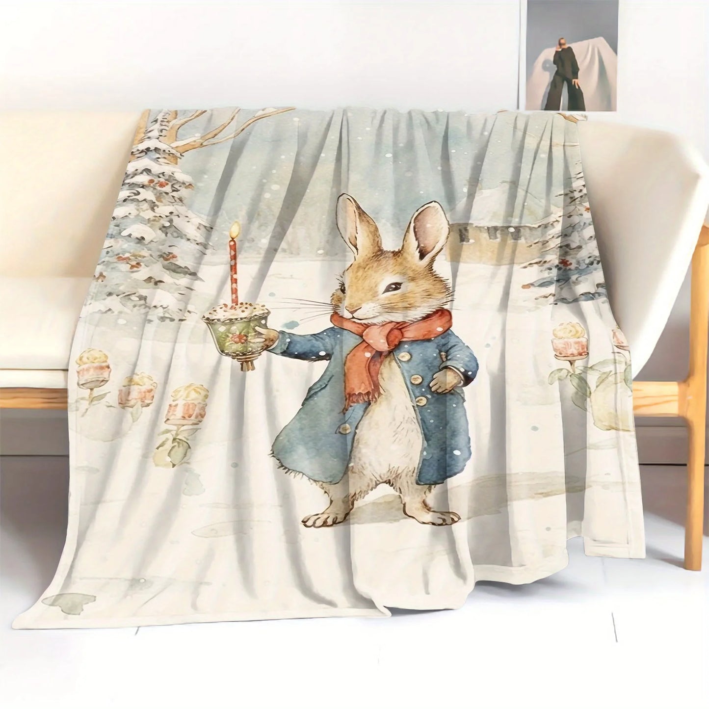 1pc Cozy Christmas Bunny Flannel Throw Blanket - Soft, Warm, and Comfortable with Cute Cartoon Bunny Illustration