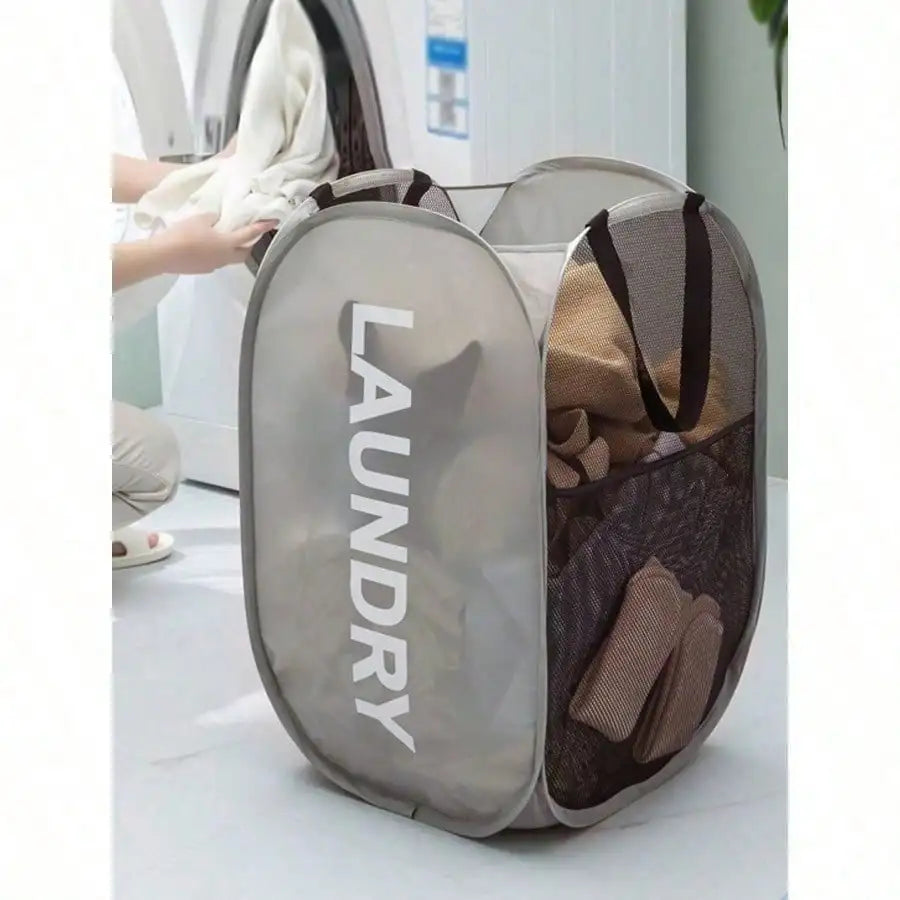 Foldable Mesh Laundry Hamper with Handles. Pop-Up Dirty Clothes Storage Basket