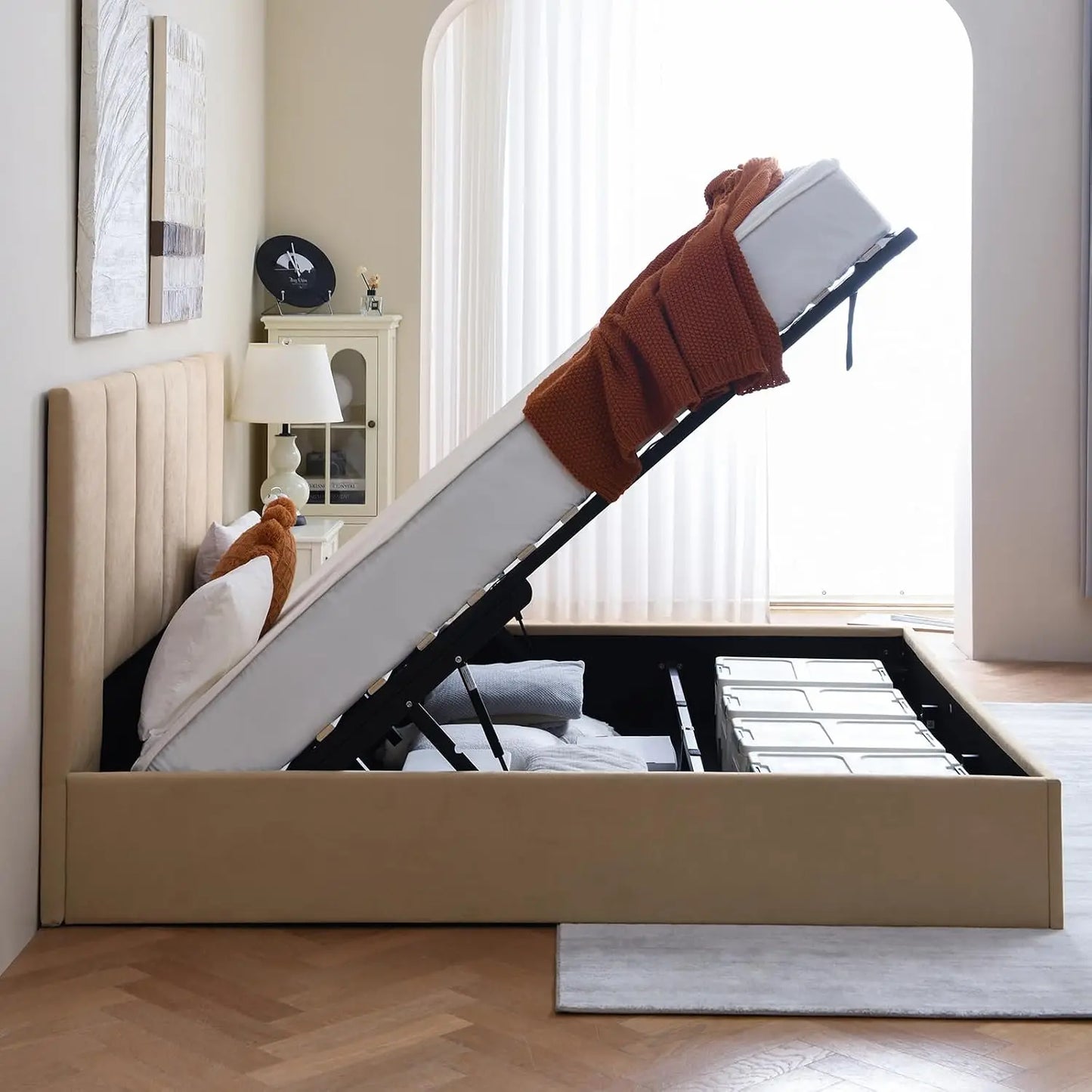 King Size Upholstered Lift-Up Storage Bed with Headboard