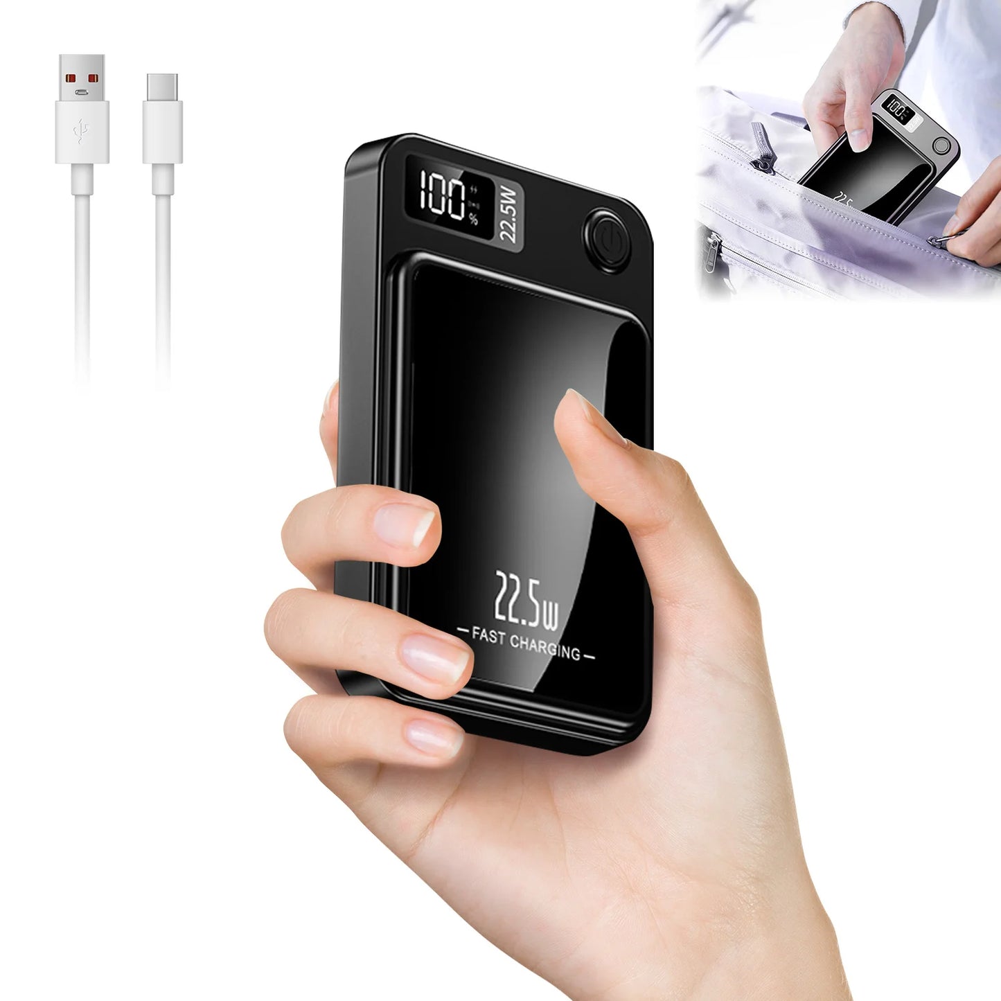10000mAh Magnetic Wireless Power Bank, 2-in-1 Fast Charging Portable Charger with USB-C & MagSafe Compatible Battery Pack