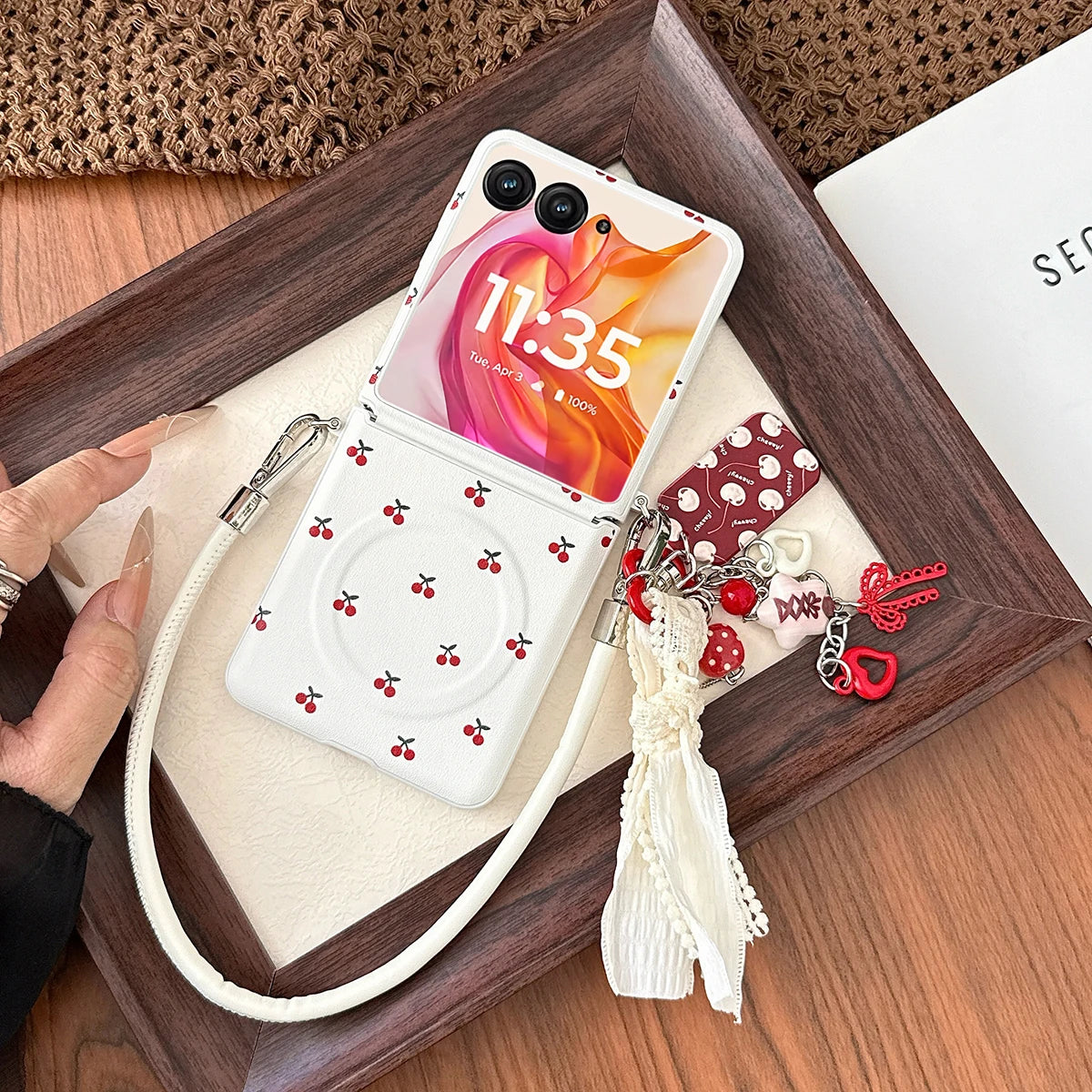 Cherry Print Magnetic Phone Case with Detachable Wrist Strap