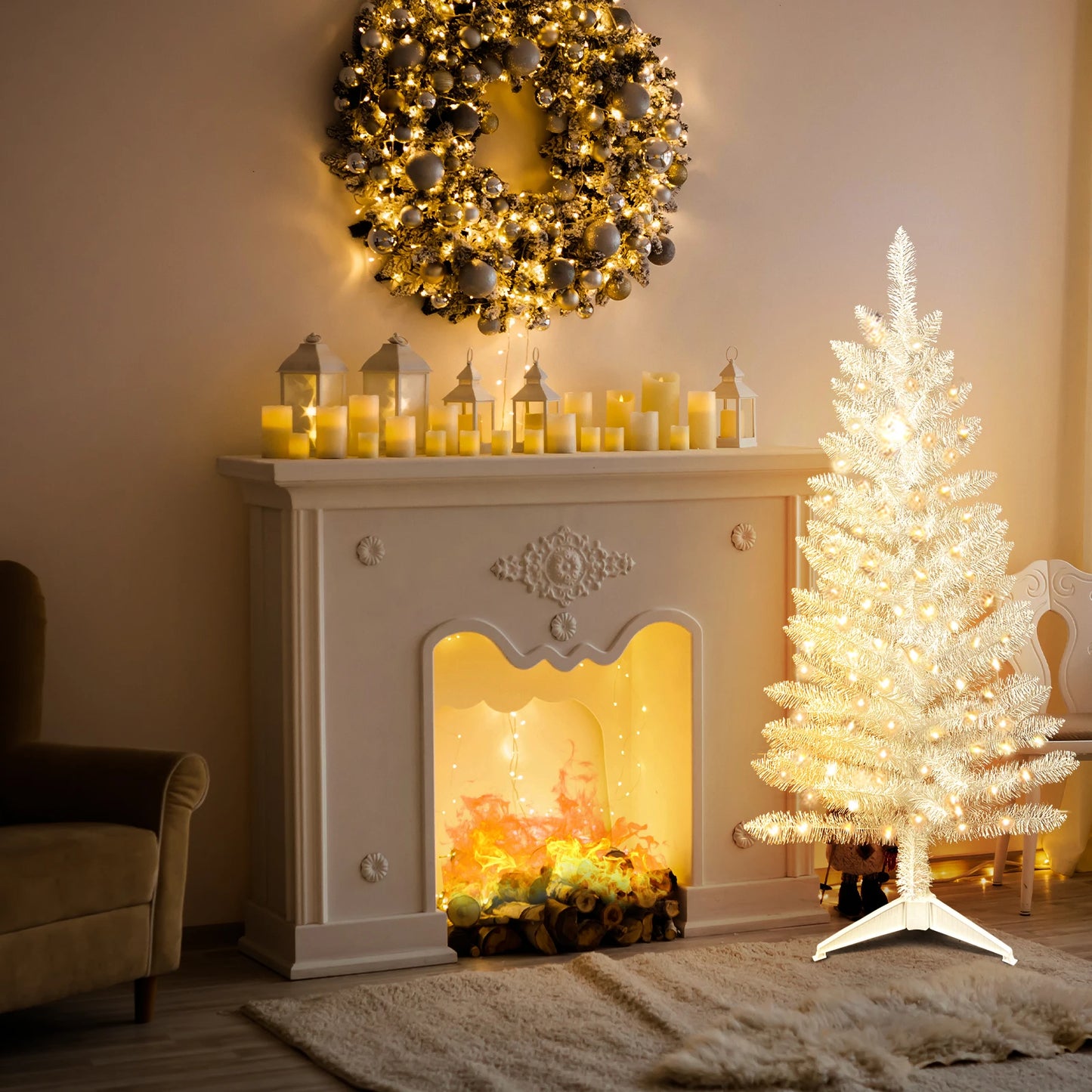 6FT Pre-Lit White Pencil Christmas Tree .Slim Space-Saving Holiday Décor with Warm Lights