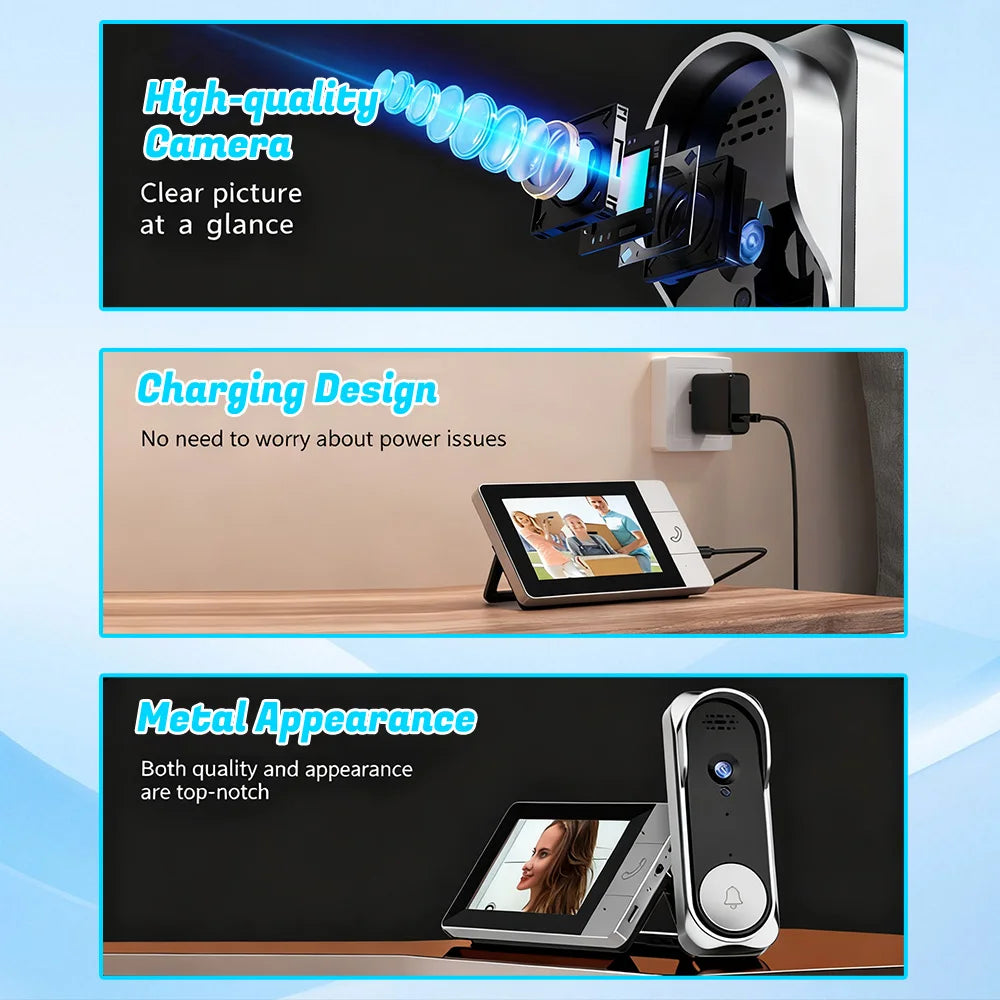 Doorbell Camera Wireless 2.4G Wireless Video Doorbell with Indoor Monitor IR Night Vision No Drill Smart Visual Doorbell