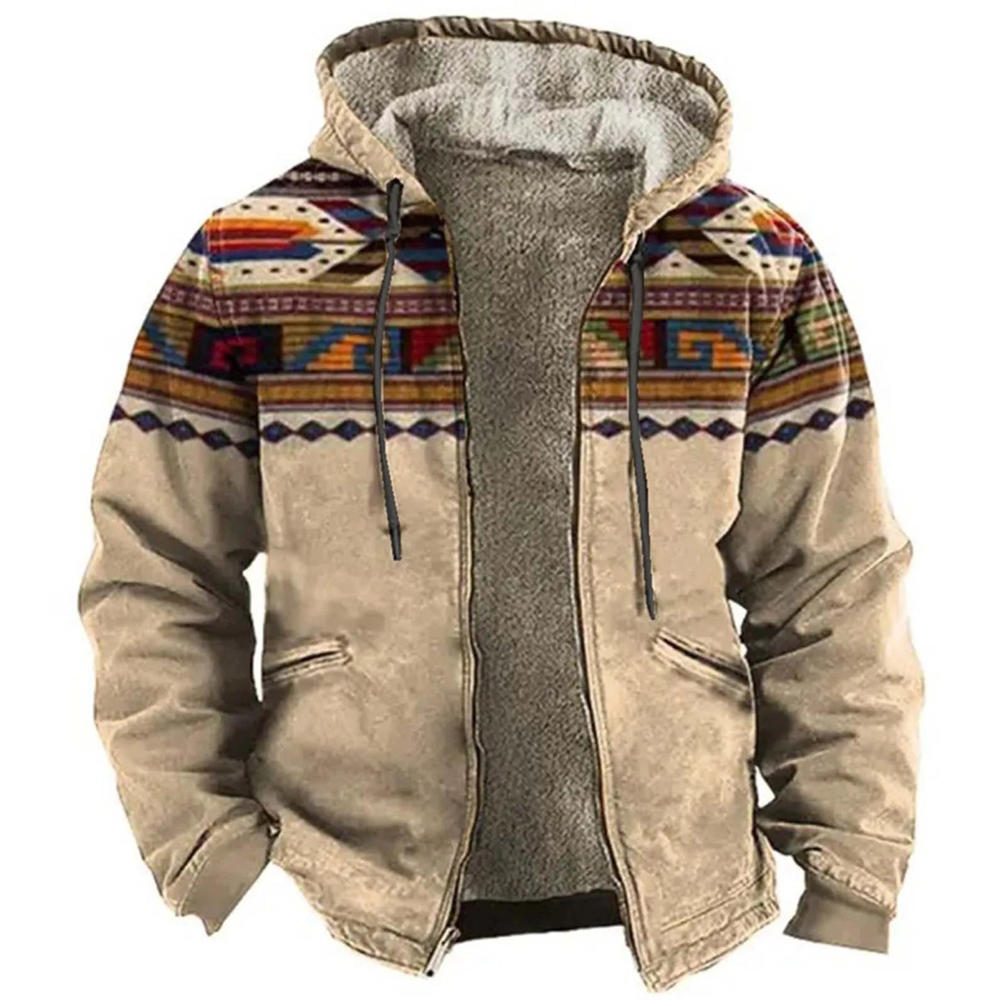 Men’s Sherpa Hooded Aztec Jacket. Warm Western Style Outdoor Coat