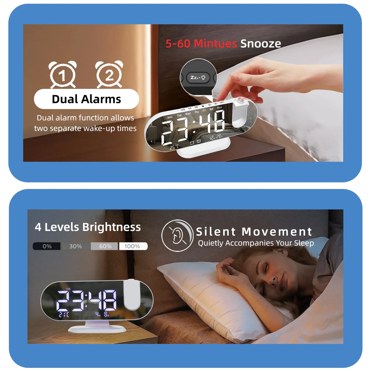 Digital Projection Alarm Clock – 8.8-Inch LED Display for Bedroom