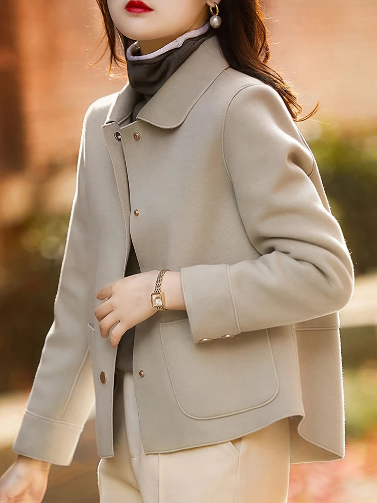 Women's Short Woolen Coat. Classic Button-Front Autumn & Winter Jacket