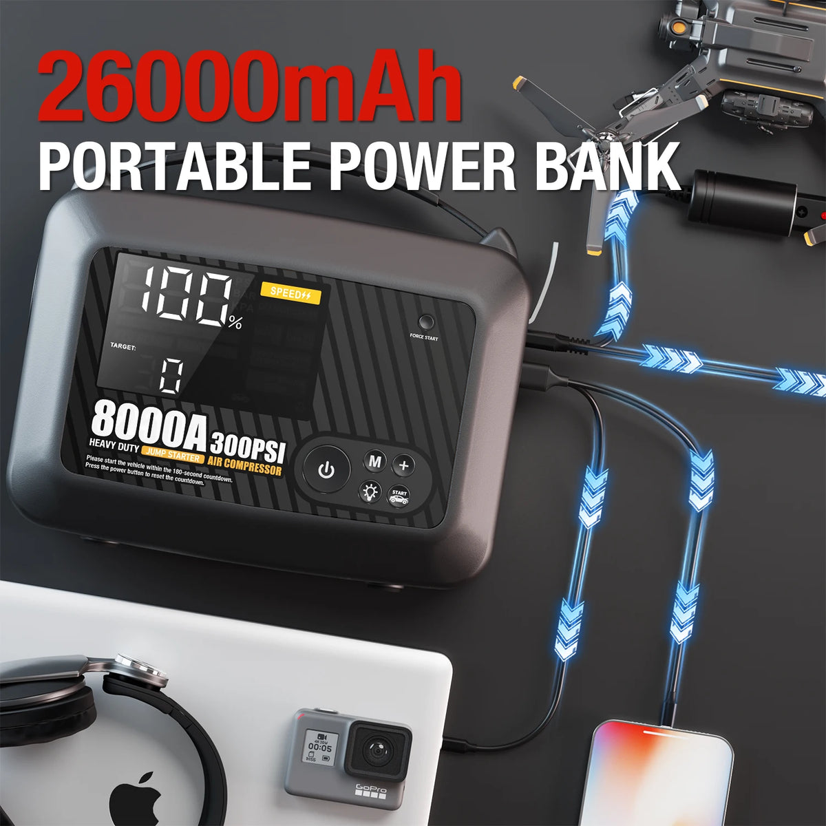 Heavy-Duty Car Jump Starter with Air Compressor | Portable Emergency Power Pack
