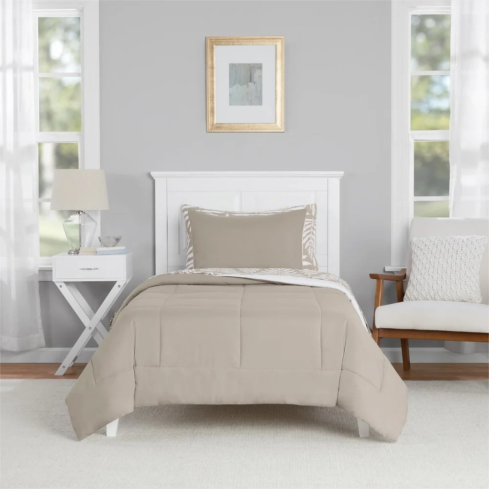 5 Piece Reversible Comforter Set with Sheets Twin XL Beige Palm Print Soft Fabric Machine Washable Bedding