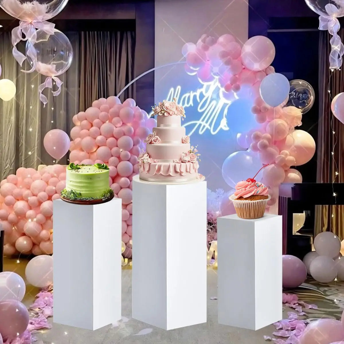 3-Piece White Square Metal Pedestal Stand Set  Elegant Cake, Dessert & Party Display Stands for Weddings, Birthdays & Events