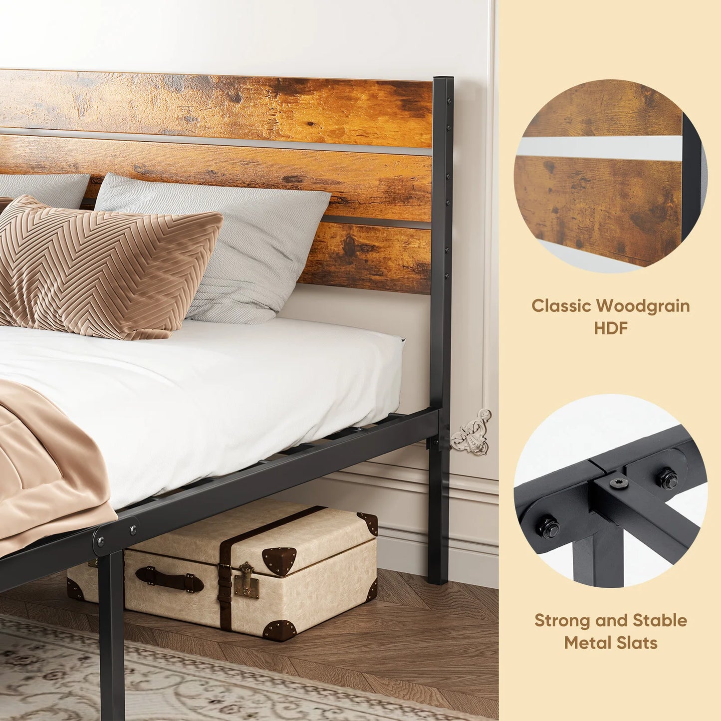 Rustic Wooden Headboard Metal Platform Bed Frame with 700LB Support