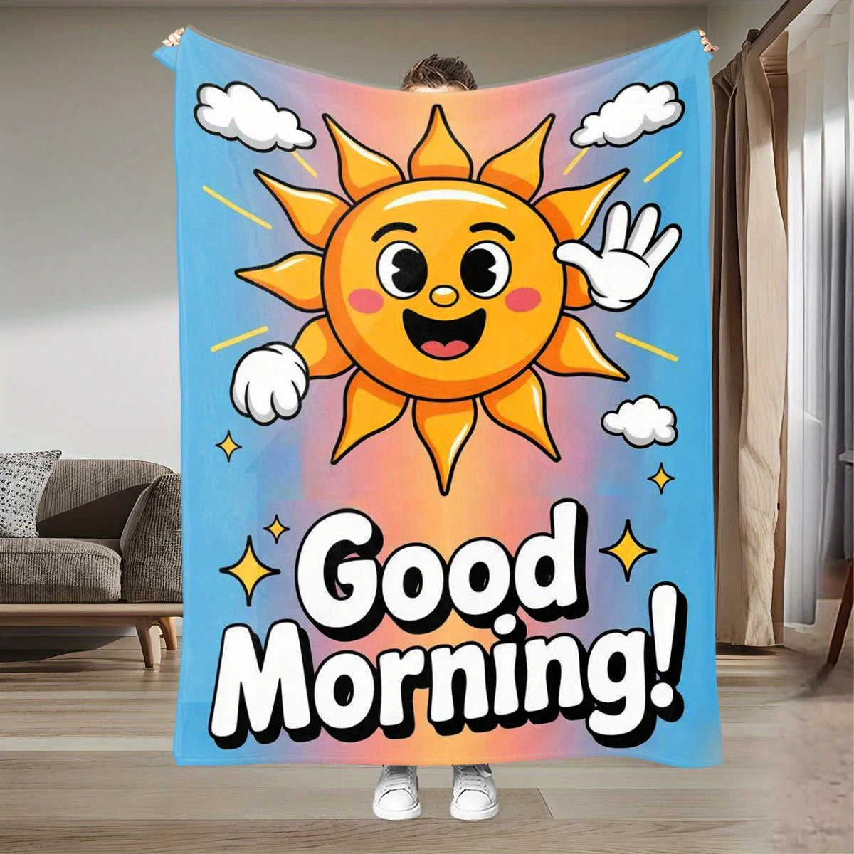 Sunshine & Rainbow “Good Morning” Cozy Flannel Throw Blanket