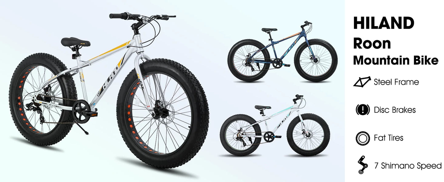 Hiiland 20 Inch Fat Tire Mountain Bike .Kids Bicycle with Front Suspension, Dual Disc Brakes & 7-Speed Gears