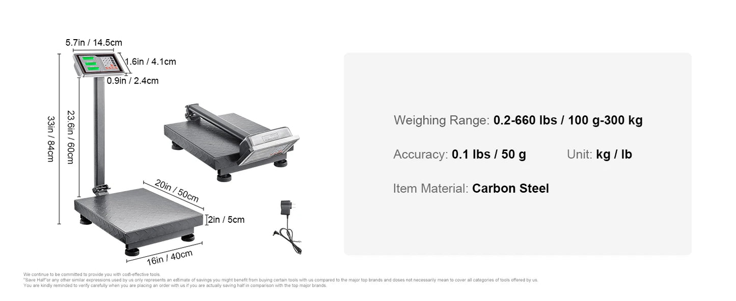 SucceBuy Computing Digital Platform Scale 660 lbs Load with LB/KG Tare Price Calculator Stainless Steel High-Definition Display