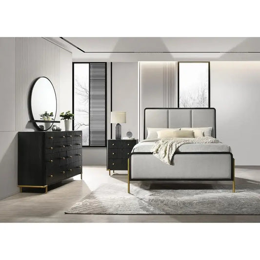 4-Piece Queen Bedroom Set in Black and Grey - Stylish Contemporary Design with Bed, Nightstand, Dresser, and Mirror for Modern