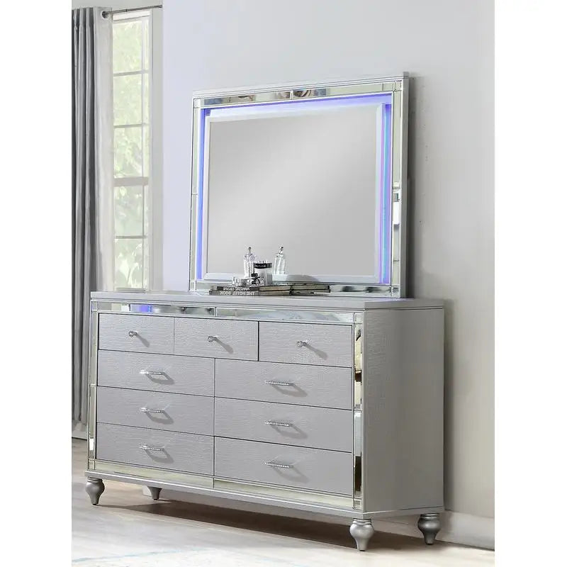 Silver 4PC LED Bedroom Set - Wooden Queen Bed, Nightstand, Dresser, Mirror