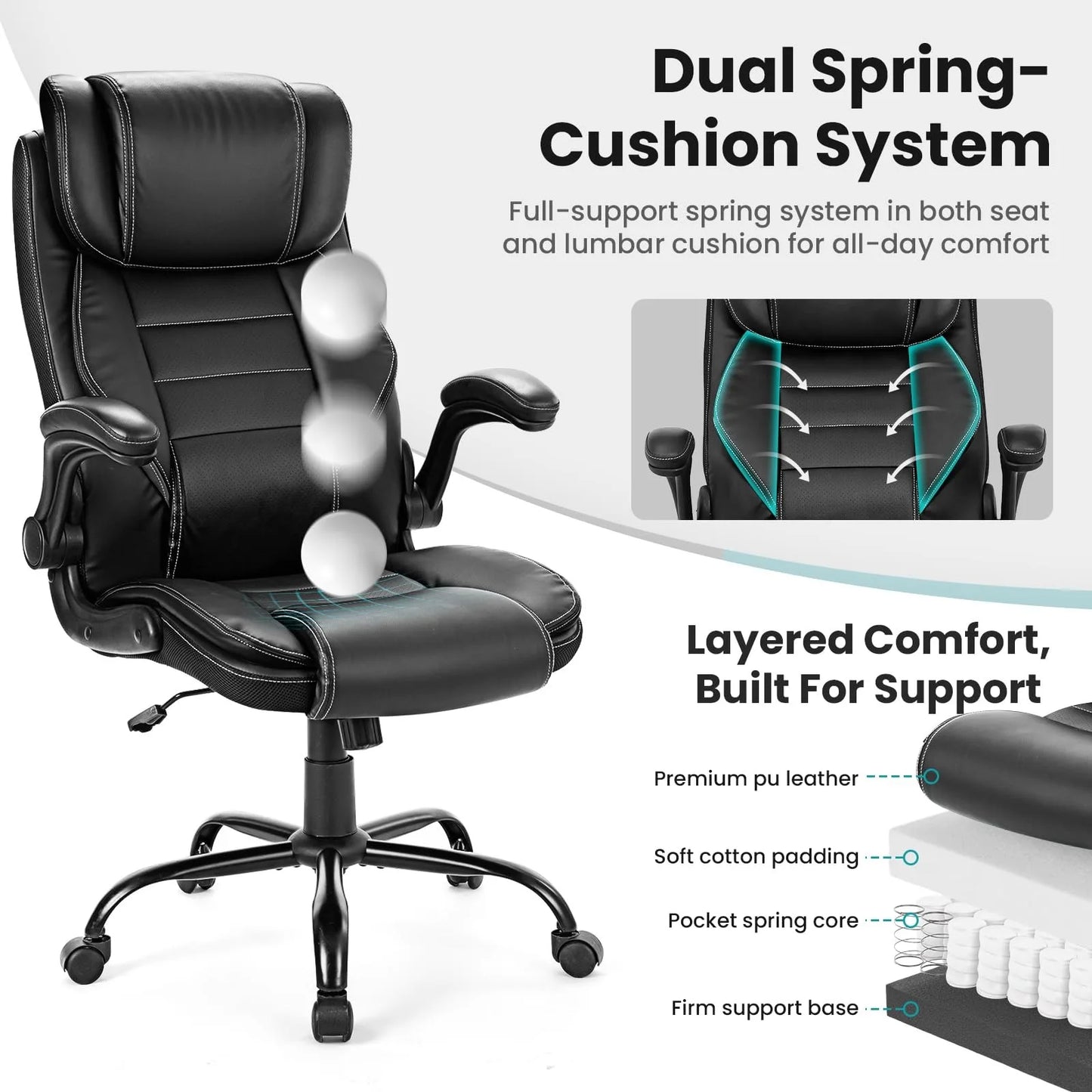 Ergonomic Executive Office Chair with Adjustable Headrest, Faux Leather High Back Desk Chair with Lumbar Support