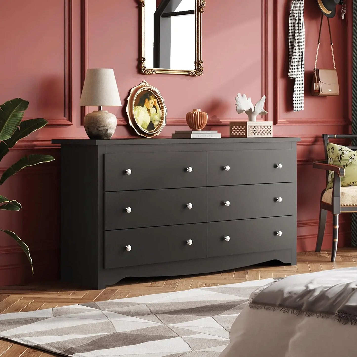 Wood Dresser with 6 Drawer Wide Chest of Drawers for Bedroom Long Nightstand with Drawers Modern Large Storage Tower Unit Closet
