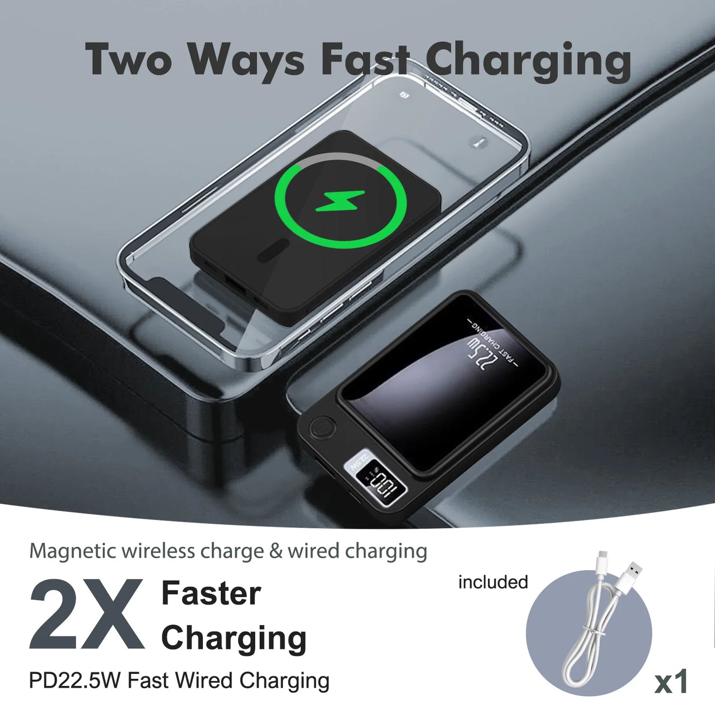 10000mAh Magnetic Wireless Power Bank, 2-in-1 Fast Charging Portable Charger with USB-C & MagSafe Compatible Battery Pack