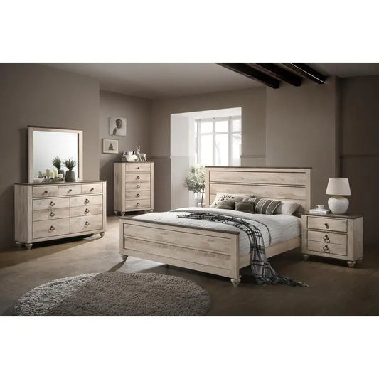 Contemporary White Wash Finish King Bedroom Set with Bed, Dresser, Mirror, Nightstand, and Chest