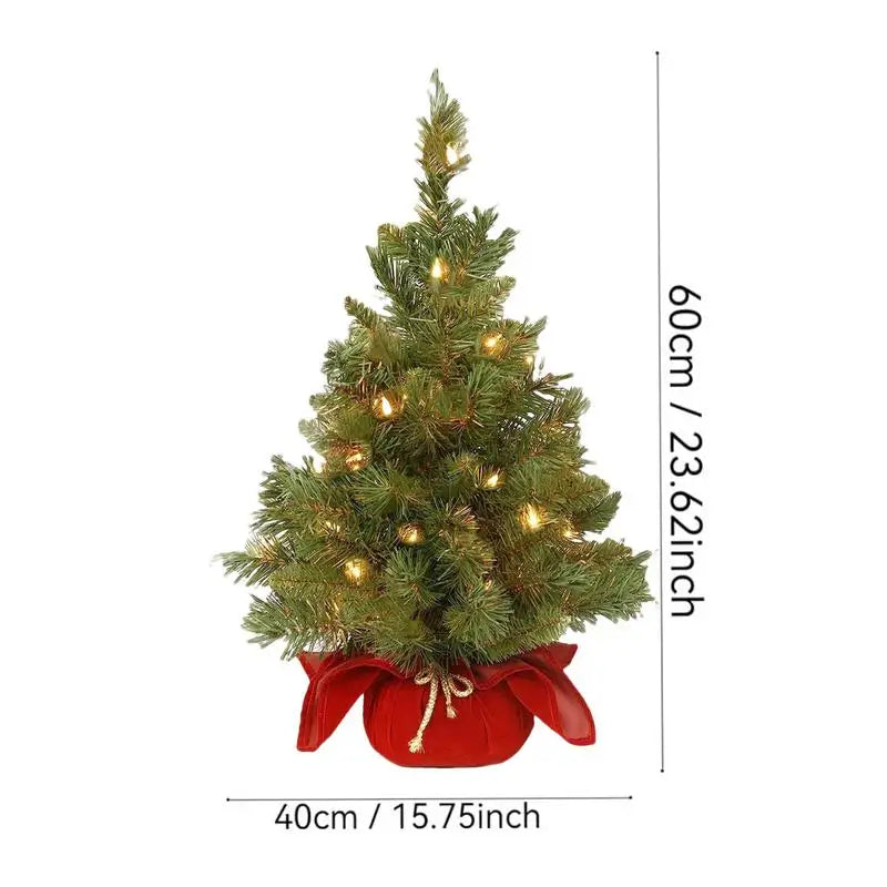 Pre-Lit Artificial Pine Christmas Tree . 60cm Mini Tabletop Christmas Tree with Warm LED Lights & Burlap Base