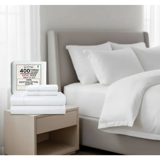 King Size 400 Thread Count Egyptian Cotton Sheet Set, Deep Pocket Fitted with Pillowcases, Soft Breathable Luxury White Bedding
