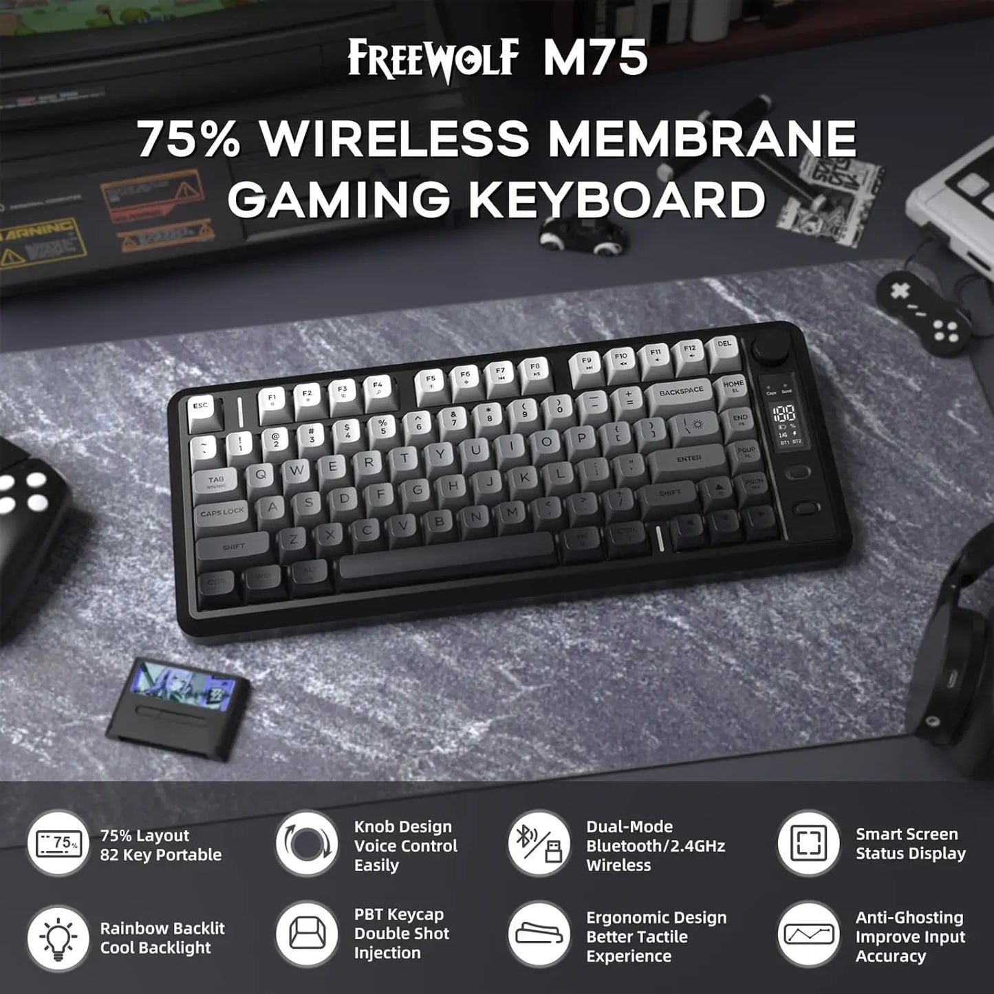 ATTACK SHARK M75 Wireless Gaming Keyboard with OLED Display & Control Knob