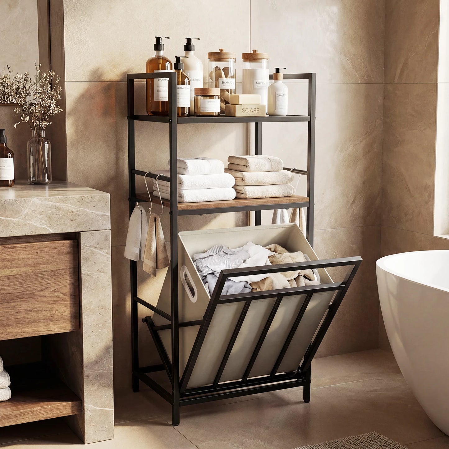 2-Tier Laundry Hamper Organizer with Tilt-Out Basket, Storage Shelf and 4 Hooks