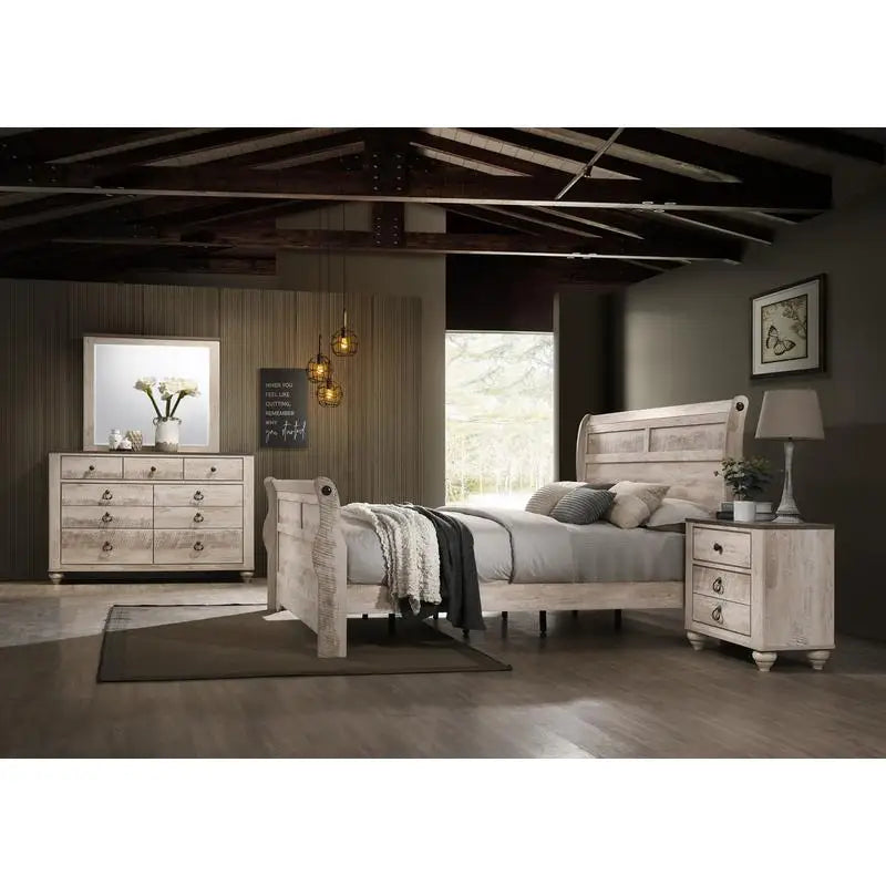 King Sleigh Bed Bedroom Set with White Wash Finish, Dresser, Mirror, 2 Nightstands