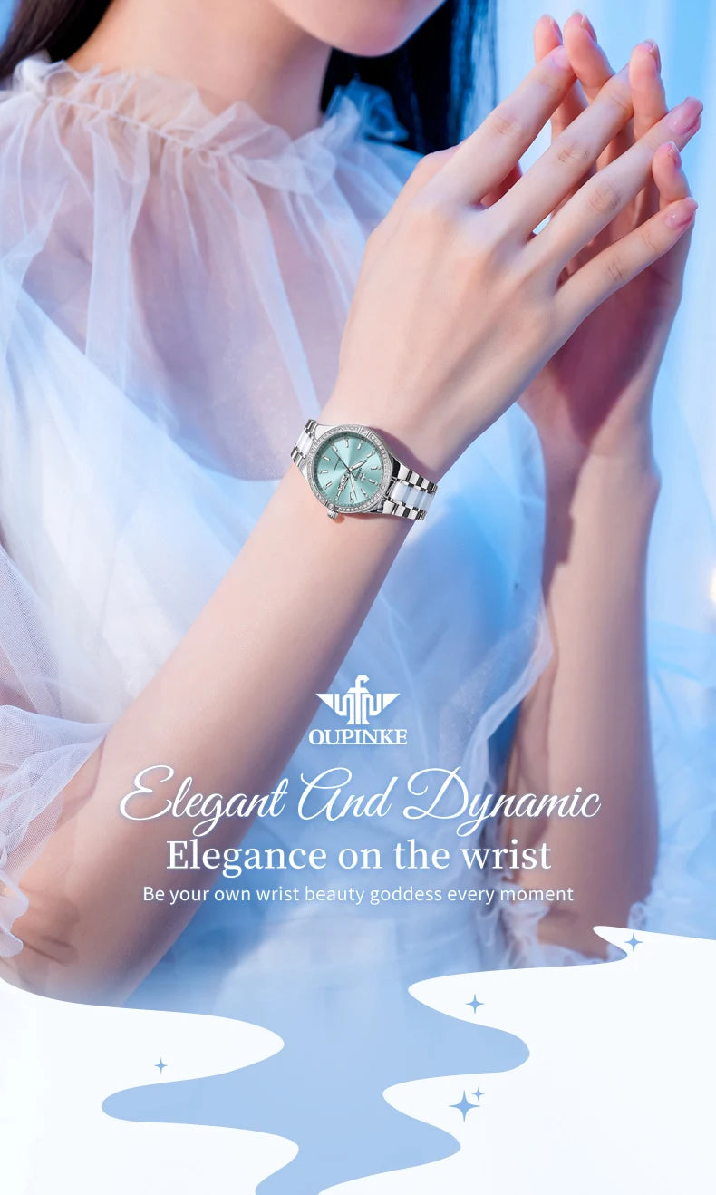 OUPINKE 3283 Luxury Woman Watch Japan Automatic Mechanical Wristwatches Elegant Ceramics Strap Waterproof Ladies Dress Watches