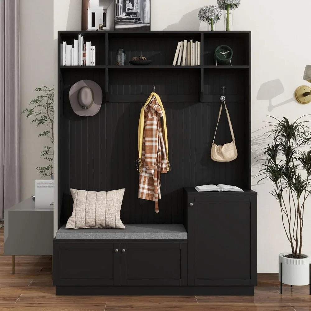 Hall Tree with Soft Cushion Storage Bench,Functional Hallway Shoe Cabinet with 3 Shelves and Coat Rack w/3 Hooks for Entryways,