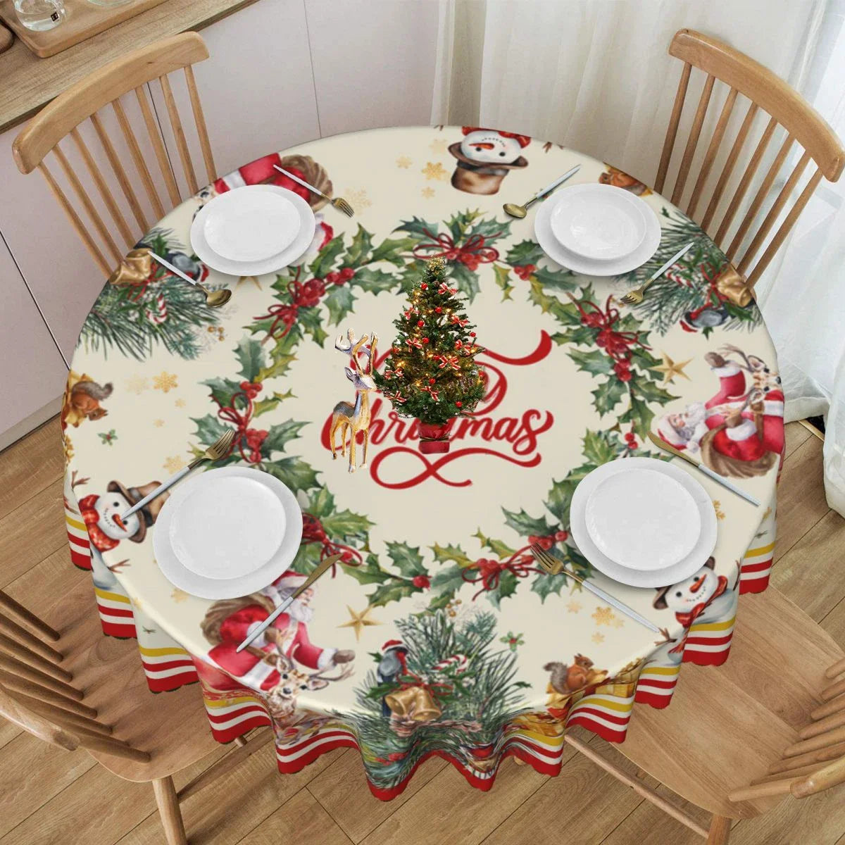 Christmas Round Tablecloth Christmas Wreath Snowflake Table Cloth Red Merry Christmas Home Decoration For ChristmasTable Cover