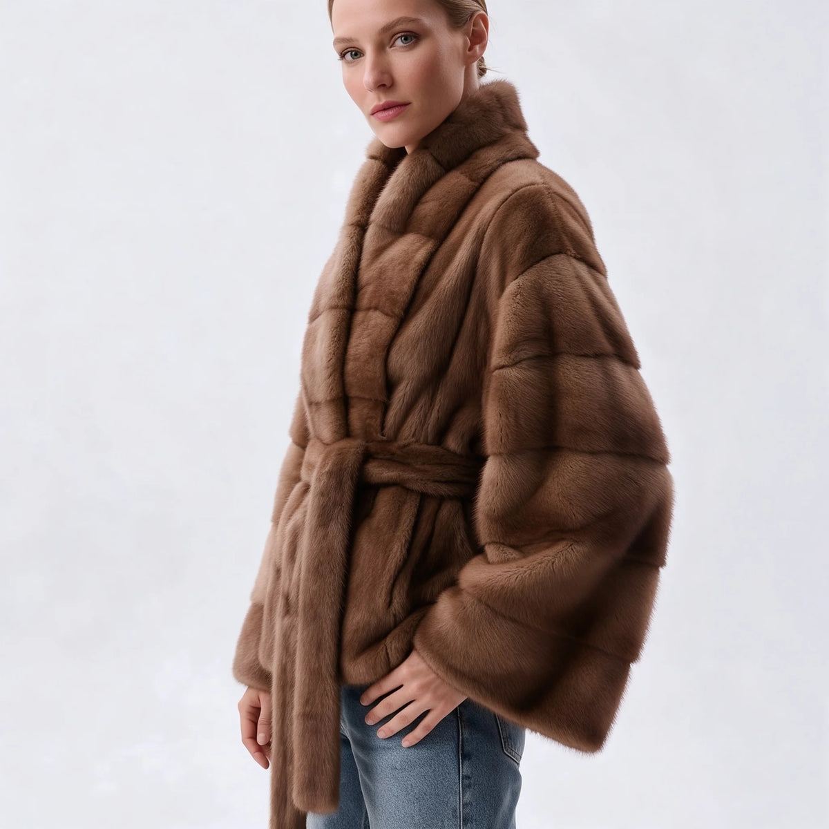 Women's Faux Mink Fur Jacket. Belted Short Winter Coat with Stand Collar