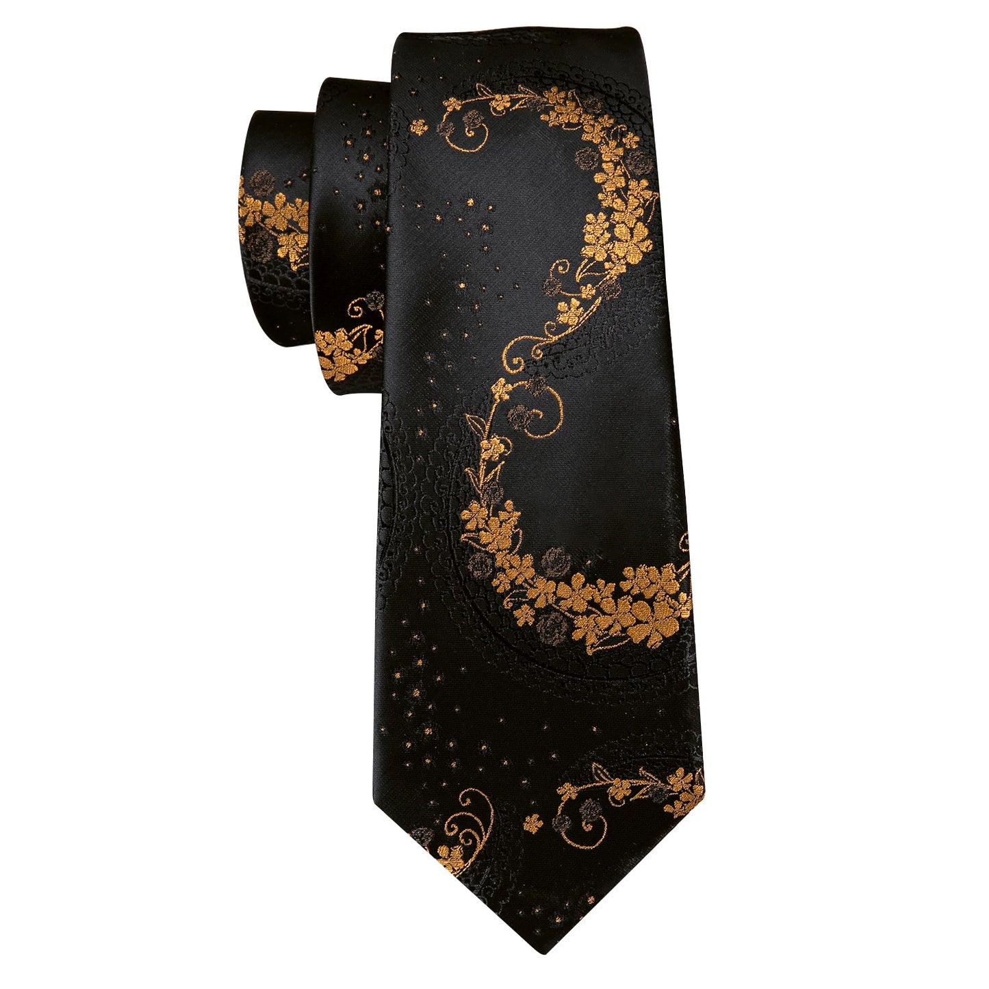 Luxury Black & Gold Floral Men’s Tie Set.Designer Jacquard Necktie & Cufflinks