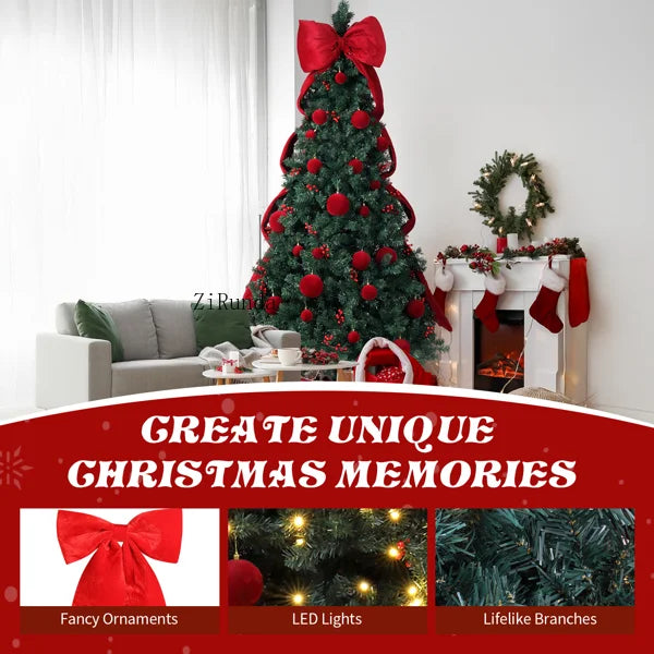 7.5 FT Pre-Lit Artificial Christmas Tree – 300 Warm White LED Lights with Red Ribbon, Holiday Home Décor & Metal Stand