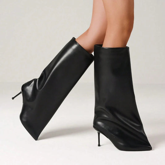 Knee High Slash Flare Boots For Women Fashion Stiletto High Heel Pointed Toe Pull On Pleated Slouchy Boots