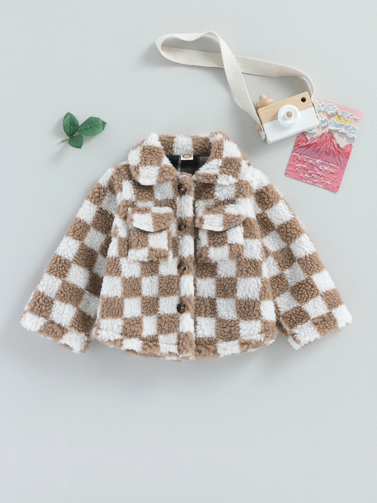 Girls Plaid Fleece Coat with Turn-Down Collar and Button Closure Long Sleeve Sherpa Jacket for Winter Warmth Toddler Kids