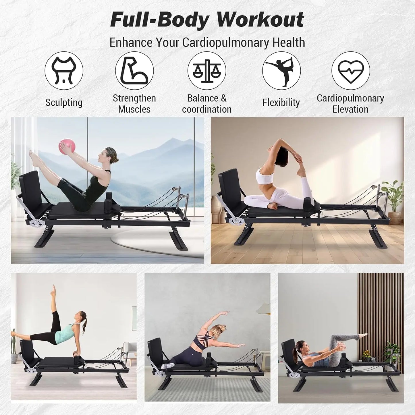 Foldable Pilates Reformer Machine with Adjustable Resistance for Full Body Home Workouts