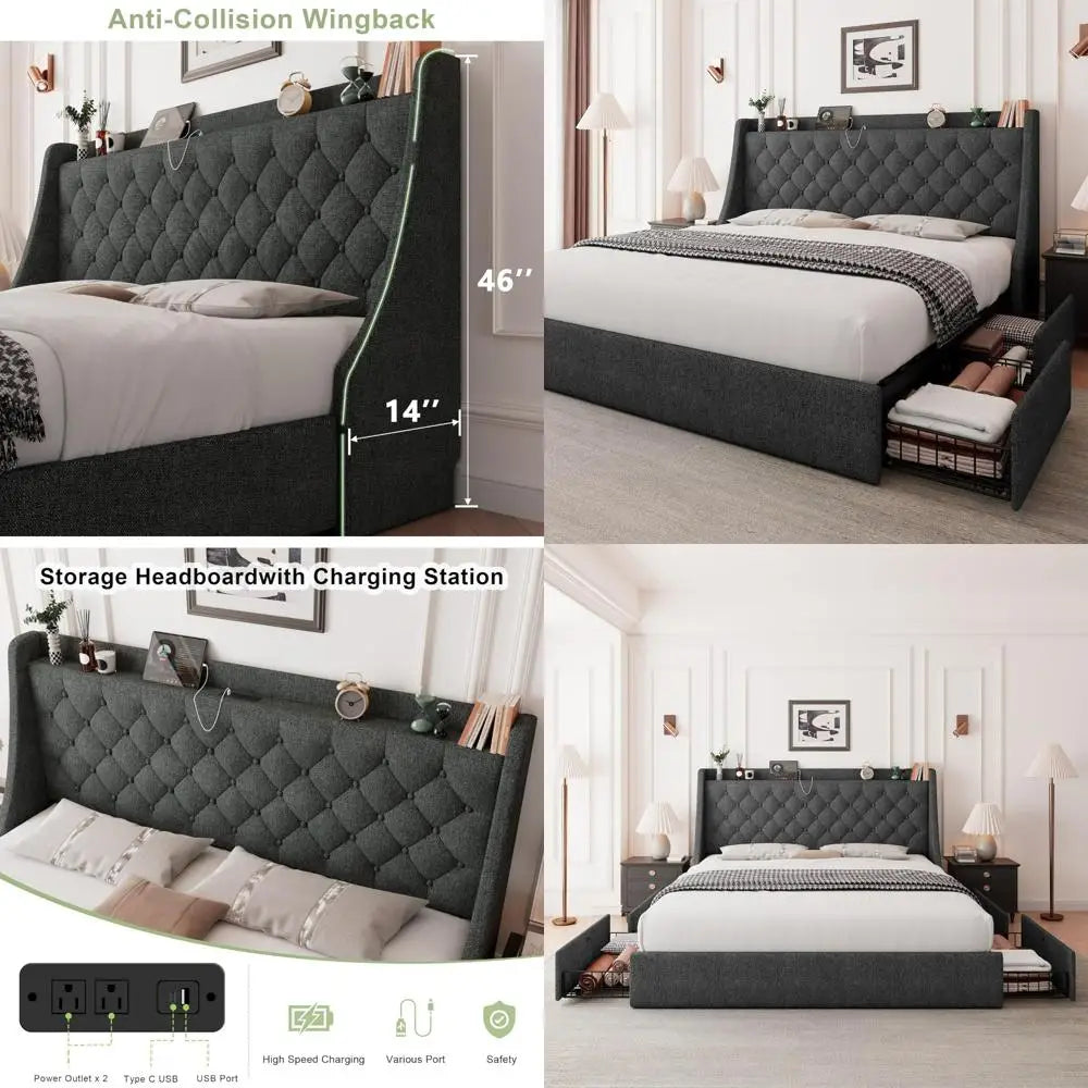 "king-size upholstered bed with 4 storage drawers, tufted wingback headboard and built-in charging station"