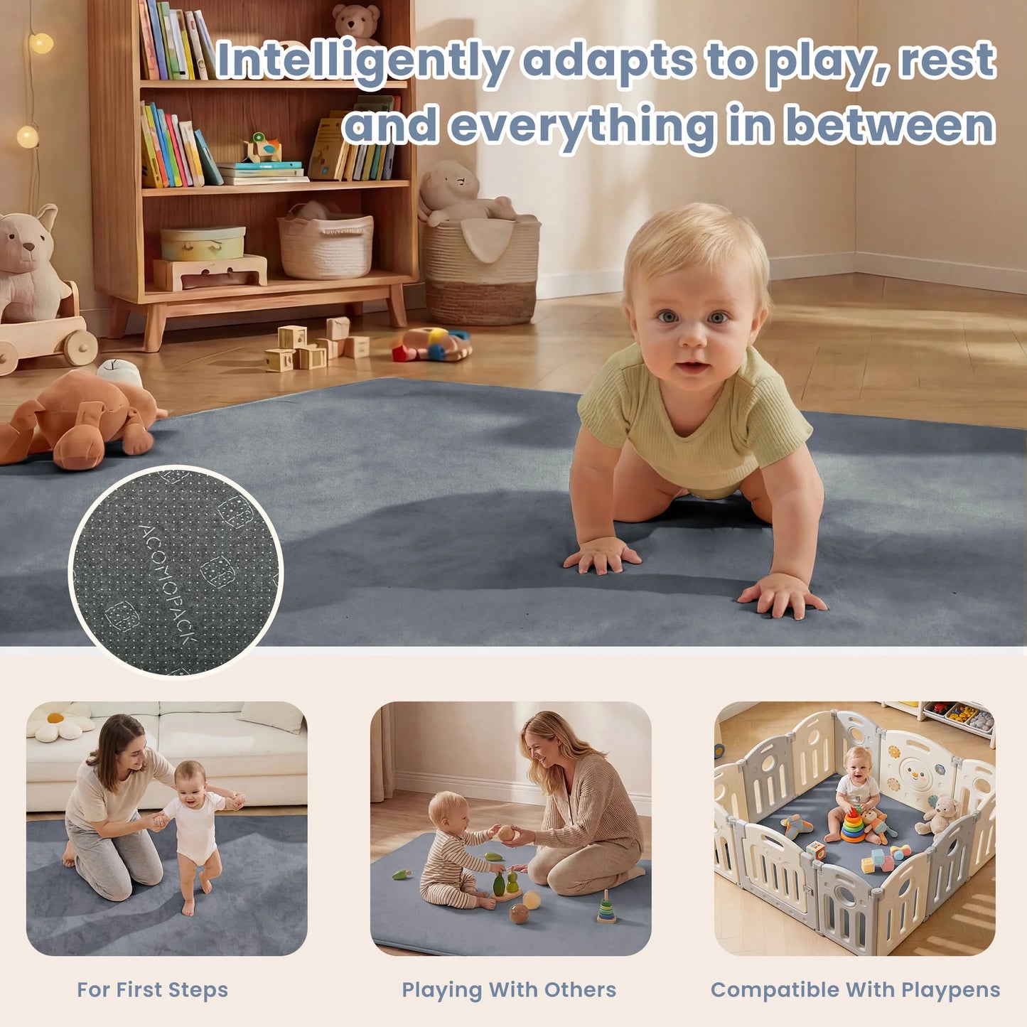 Extra Thick Memory Foam Baby Play Mat for Tummy Time, Crawling & Playroom Activities