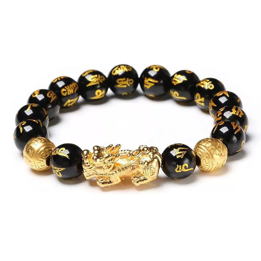 Feng Shui Wealth & Luck Black Bead Bracelet with Gold-Tone Accents